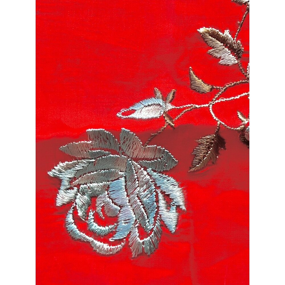 Vintage Red Swiss Cotton Handkerchief With Silver Rose Embroidery New - Picture 3 of 9